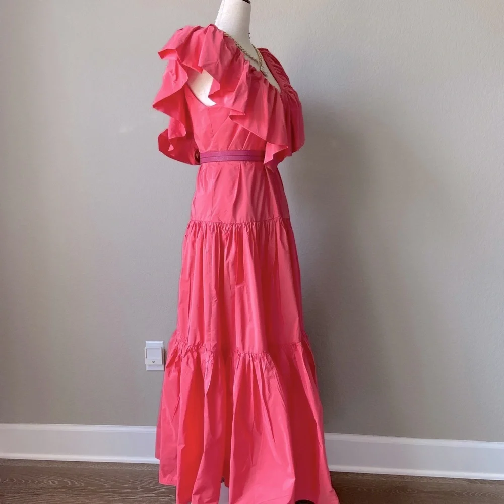 Ruffled Tiered Coral Pink Taffeta H&M DRESS -NWT princess flowy - Picture 7 of 14